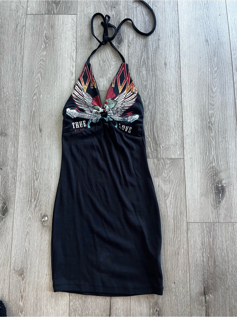Forever 21 Black Halter Mini Dress with Red and Gold Wing Graphic